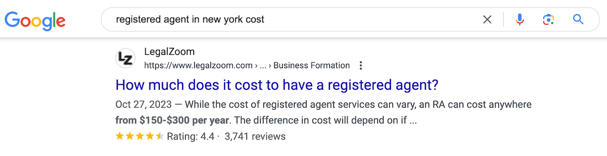 A standalone registered agent can cost $150 - $300 / year, but reduces risk and headaches.