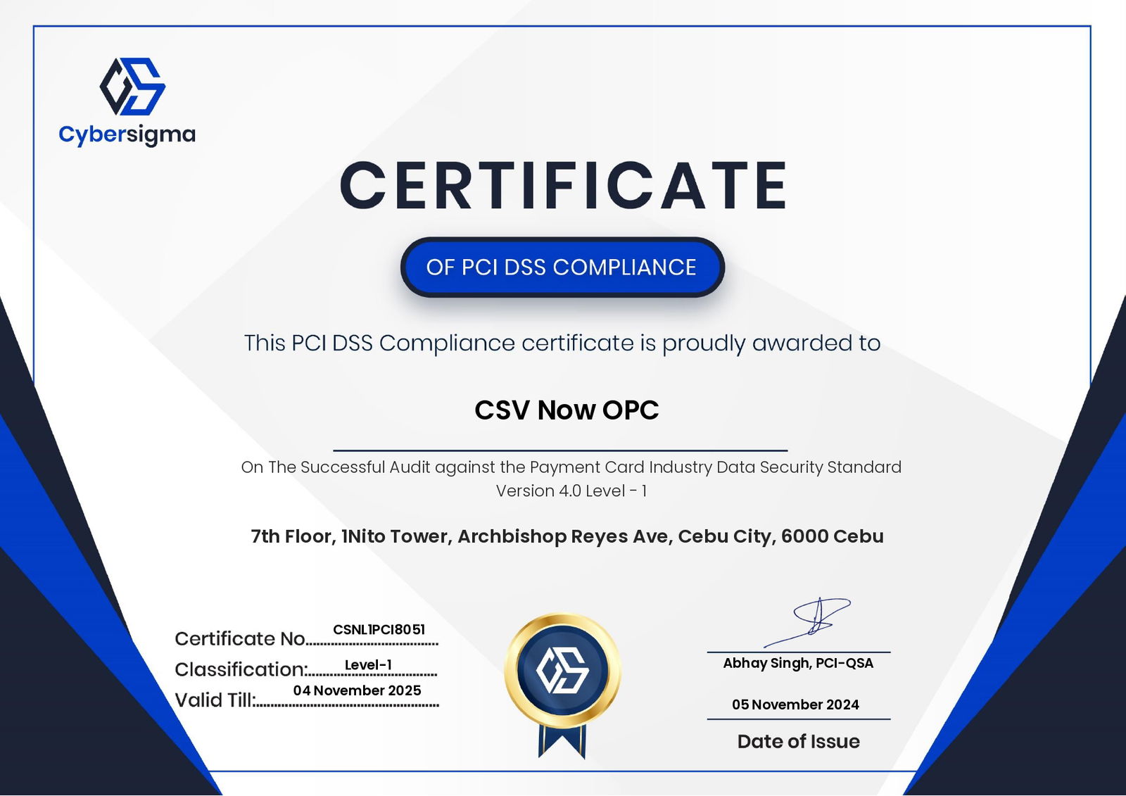 CSV Now's PCI DSS Level 1 certification badge validating payment security standards compliance