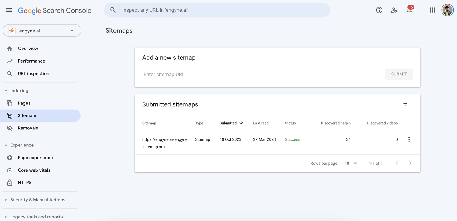 Sitemaps tab in Google Search Console