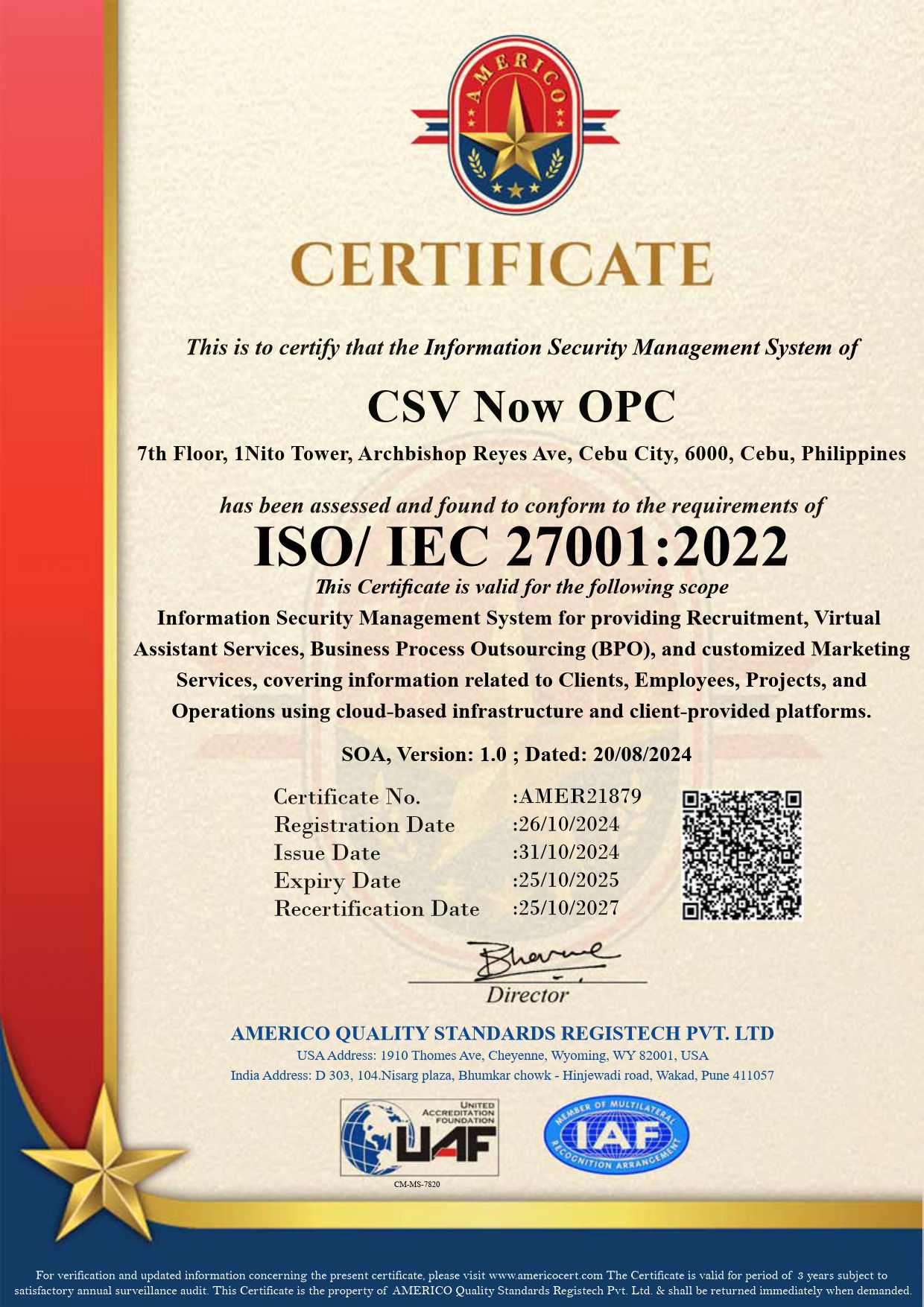 CSV Now's ISO 27001:2022 Information Security Management System certification certificate issued in 2024