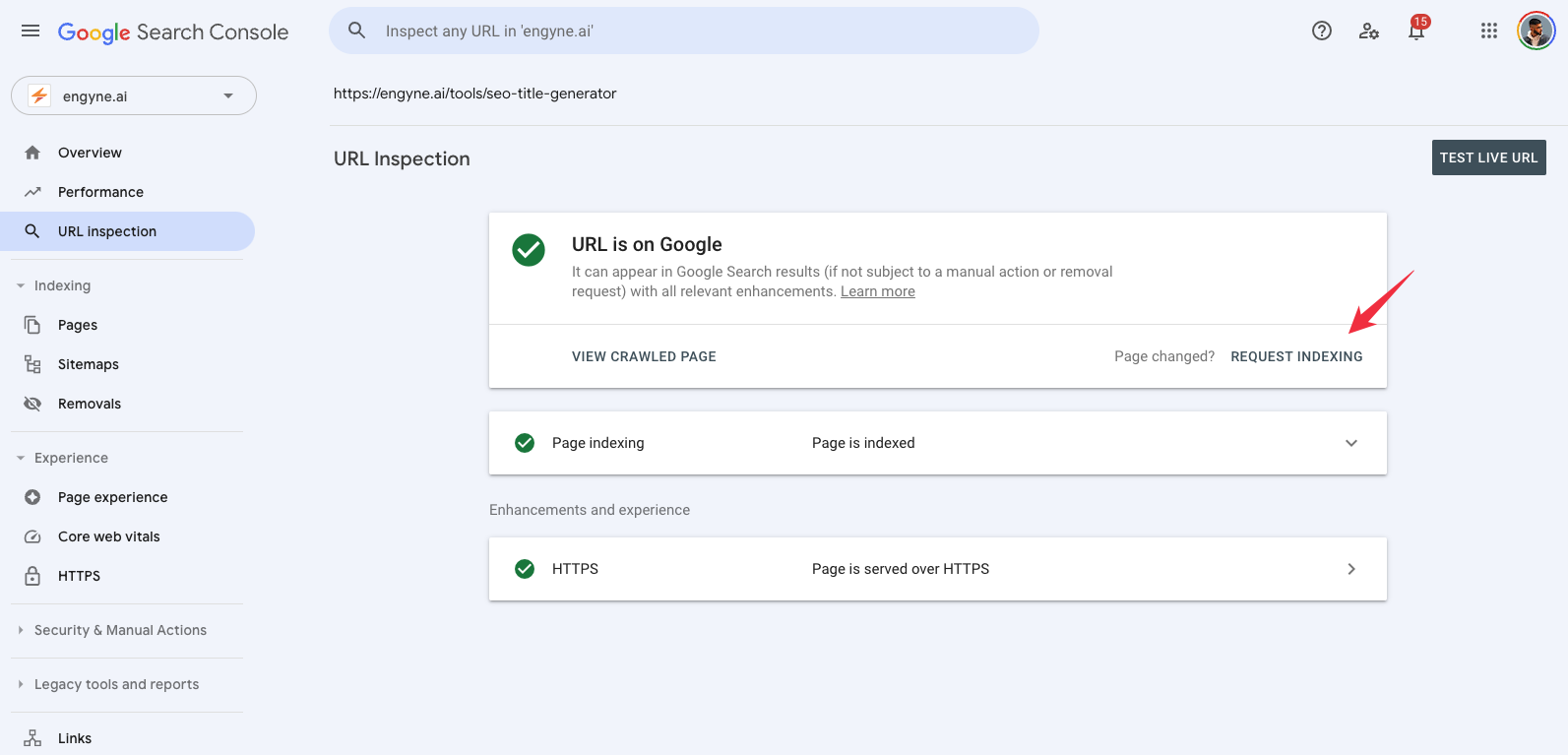 Request Indexing in the URL Inspection tab in Google Search Console