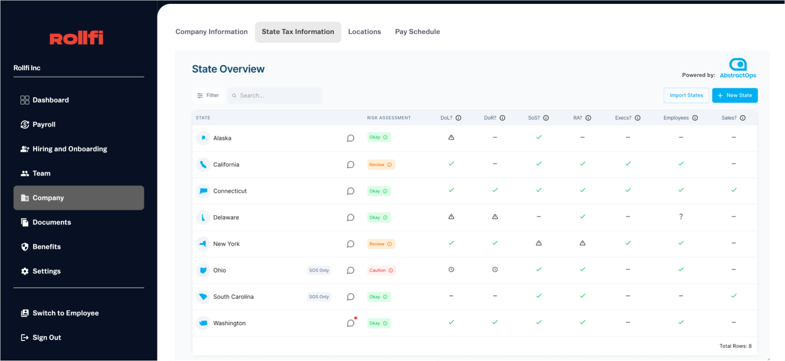 Payroll platforms built on Rollfi will be able to offer embedded state compliance to their customers, powered by AbstractOps.