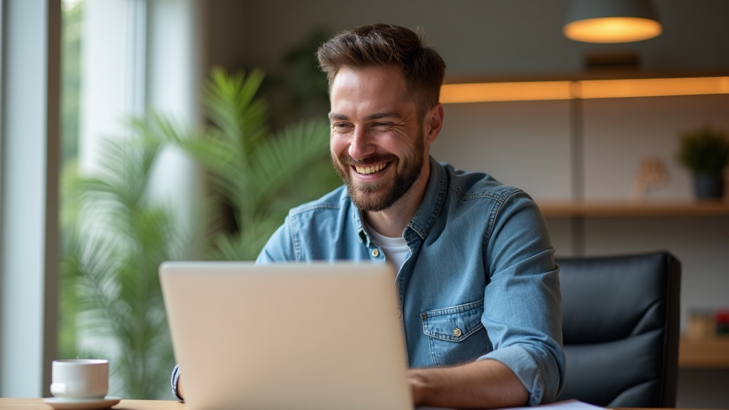 A happy man sitting in front of a laptop. Made with Krater.ai