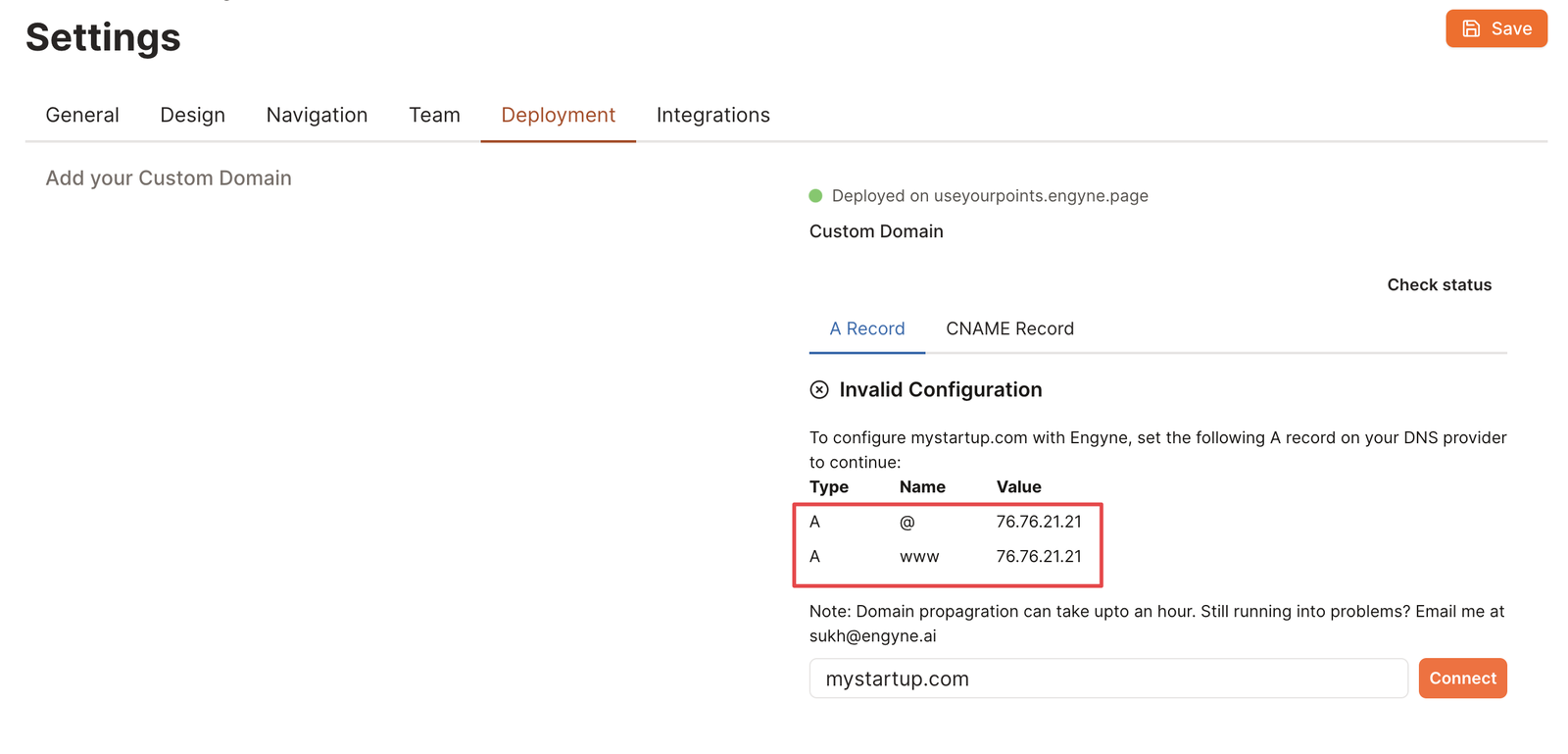 A Record DNS records to assign Engyne blog a custom domain