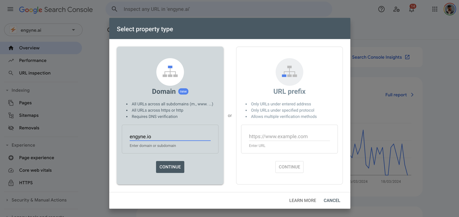 Adding a new domain property to Google Search Console